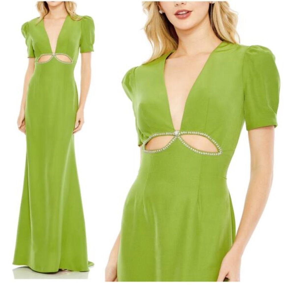 Ieena Mac Duggal 2630 Puff-Sleeve Cut-Out Gown Maxi Dress Apple Green Size 6 NEW
